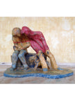 eramic sculpture of two figures sitting in hoodies looking at mobile phones with a dog at their feet.