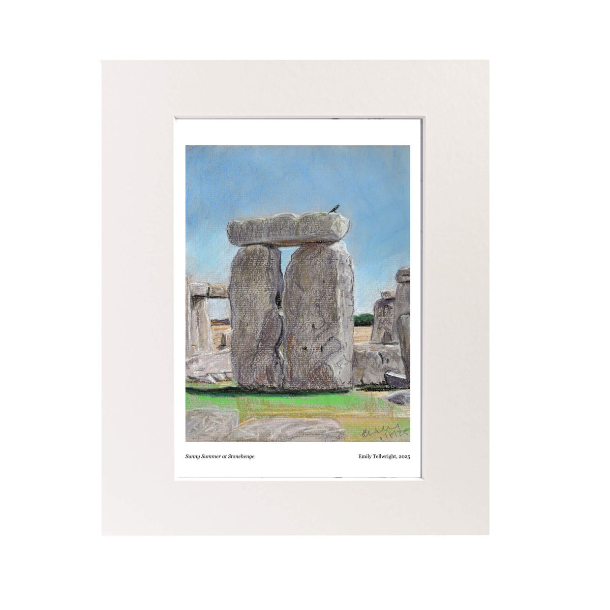 Sunny Summer at Stonehenge Mounted art print. A pastel drawing by Emily Tellwright