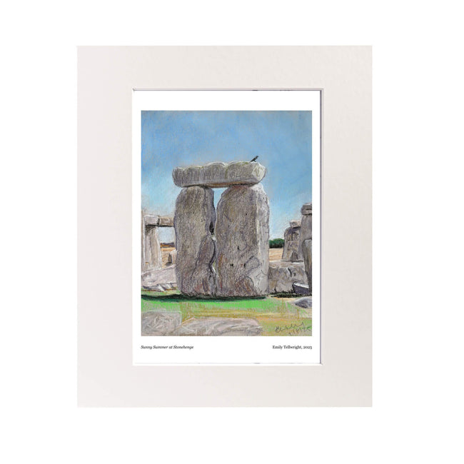Sunny Summer at Stonehenge Mounted art print. A pastel drawing by Emily Tellwright