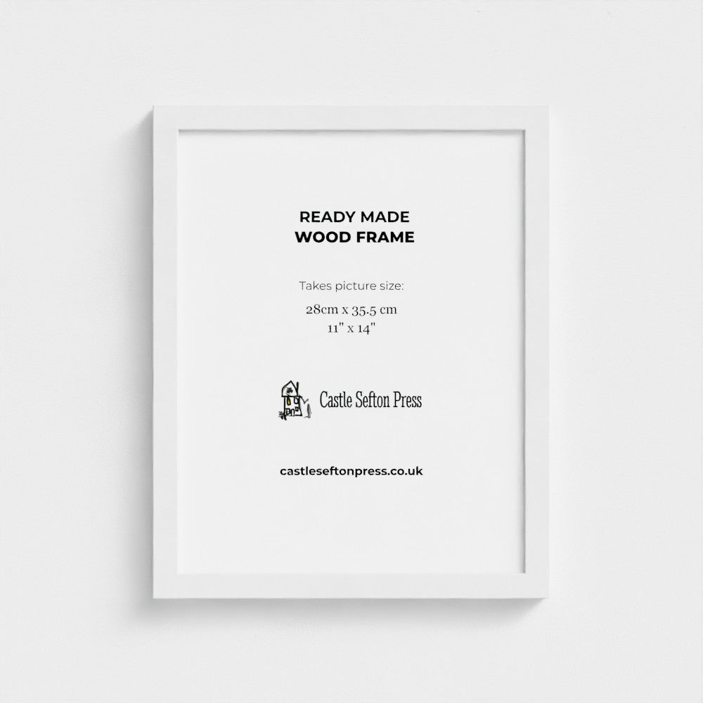 A white rectangular wood frame mockup on a light gray background, with black text inside reading 'READY MADE WOOD FRAME' and 'Castle Sefton Press' branding.