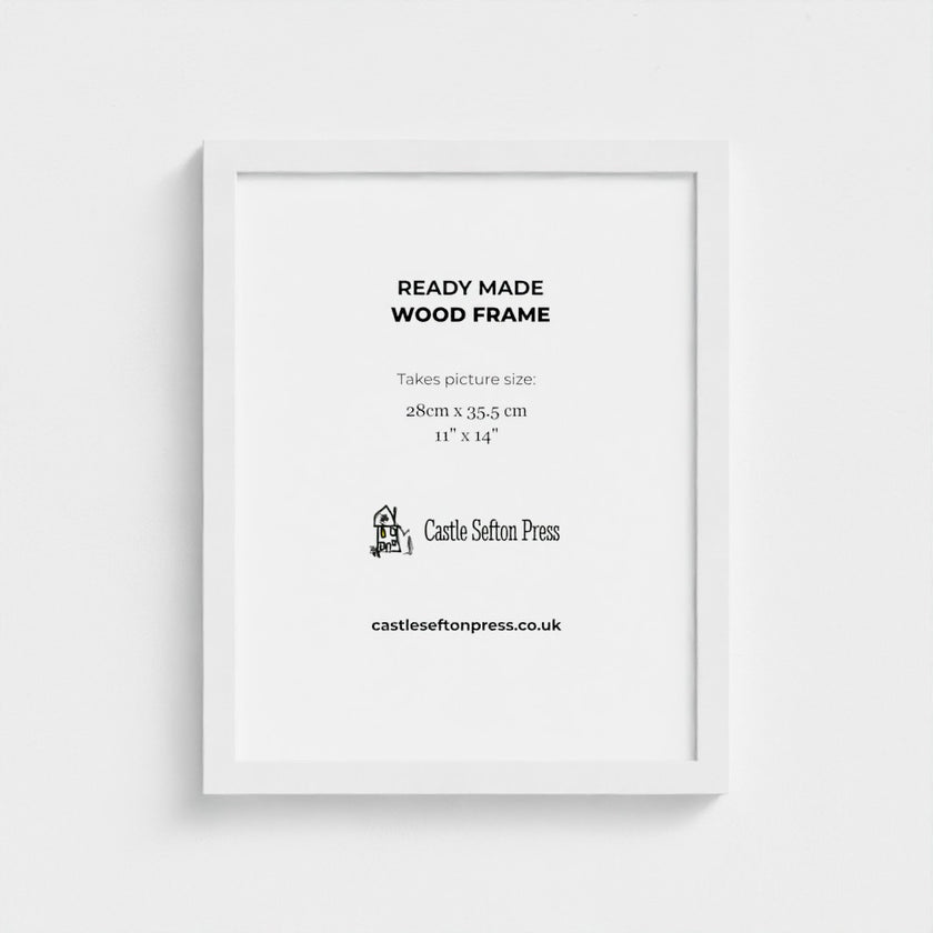 A white rectangular wood frame mockup on a light gray background, with black text inside reading 'READY MADE WOOD FRAME' and 'Castle Sefton Press' branding.