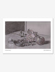 Not Quite Autumn Art Print: a Charcoal, chalk and coloured pencil drawing of roses, an apple, nuts and a nutcracker.