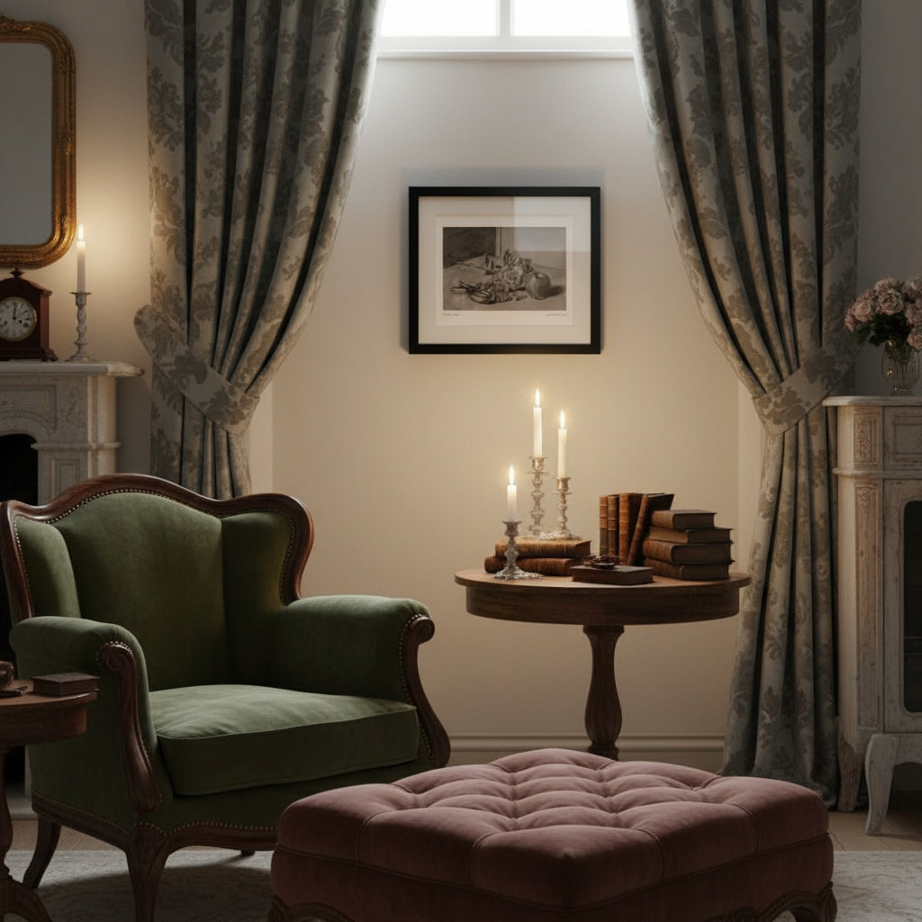A styled vintage living room scene featuring a green velvet wing-back armchair, a dusty rose tufted ottoman, patterned grey curtains, a round wooden side table with candles and books, and a framed black-and-white print on the wall.