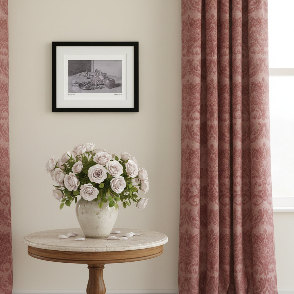 A pair of dusty rose damask patterned curtains hanging on either side of a window in a styled room. A small round wooden table with a marble top holds a white vase filled with pale pink roses, and a framed black-and-white artwork hangs on the beige wall above.