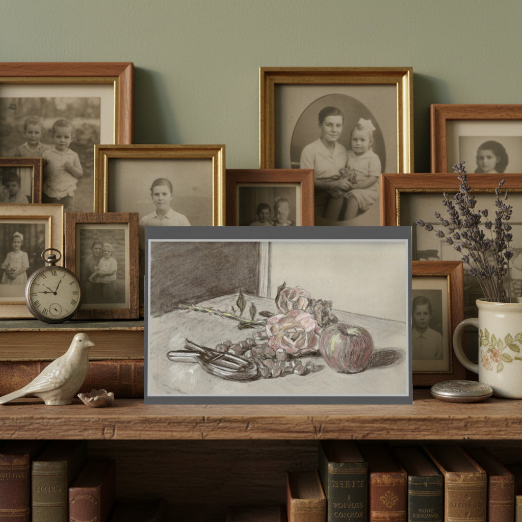 A greetings card showing sketch of flowers and fruit against a backdrop of old black and white photos