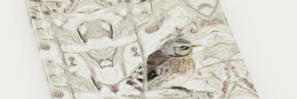 close up of hardback notebook with a drawing of a bird on it