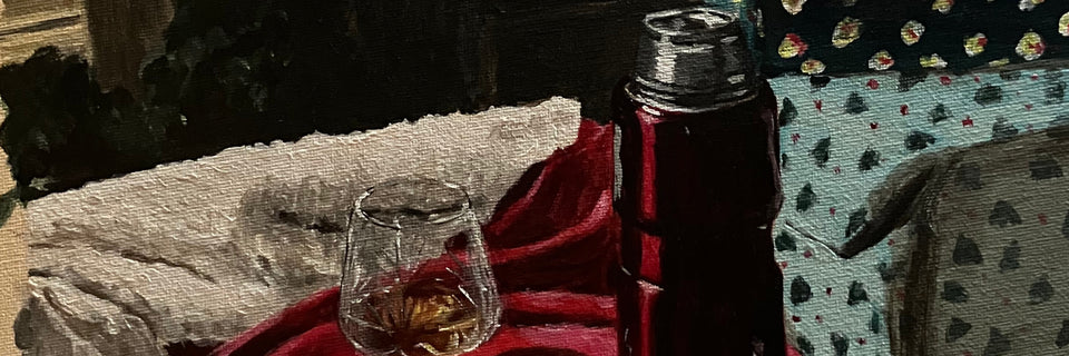 close up of an acrylic painting on canvas showing a flask and brandy glass