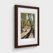 A framed art print depicting a forest path with tall trees, shown at a slight angle against a light grey wall. The print features a white mat border and is housed in a dark brown wooden frame.