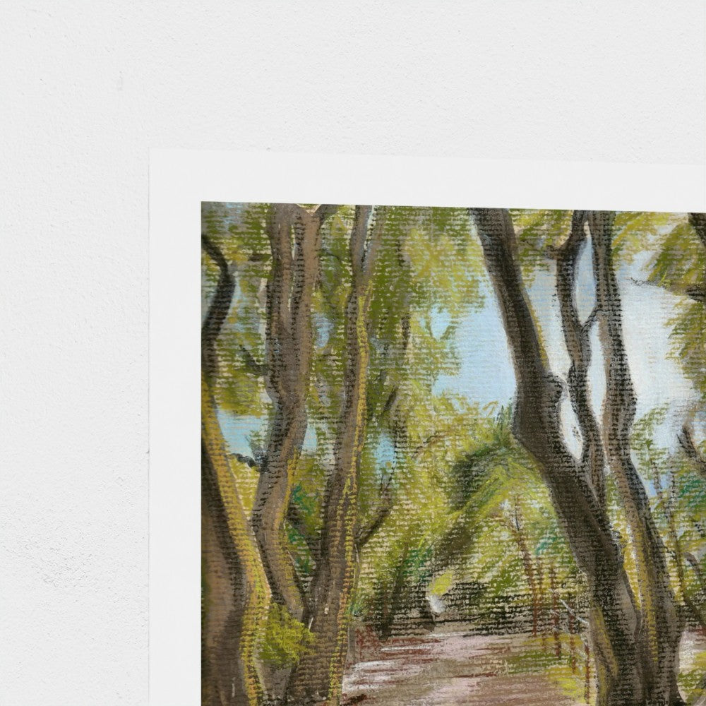 A close-up of a textured oil painting depicting a sunlit forest path with tall trees, shown with a white border on a white background.