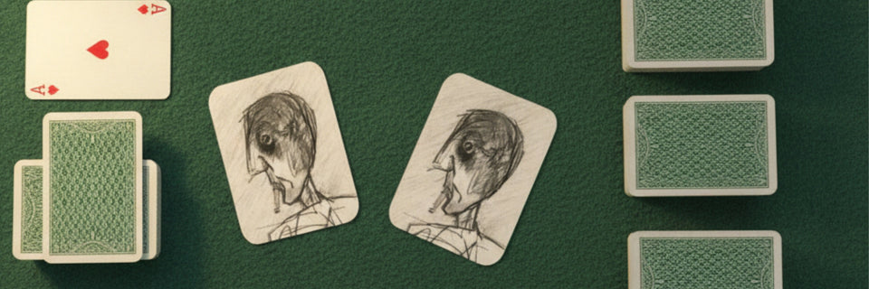 Playing cards featuring a pencil drawing of a head smoking on a green baize table