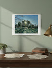 Winter Sun Through Trees Art Print shown on a green wall above a desk