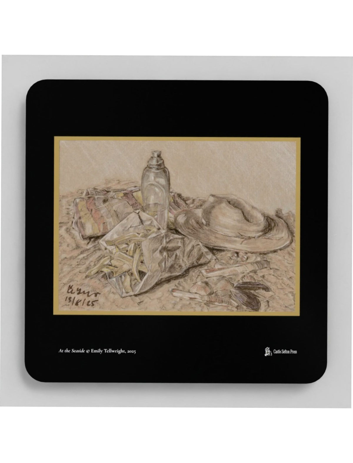 At the Seaside coasters showing a charcoal drawing by Emily Tellwright
