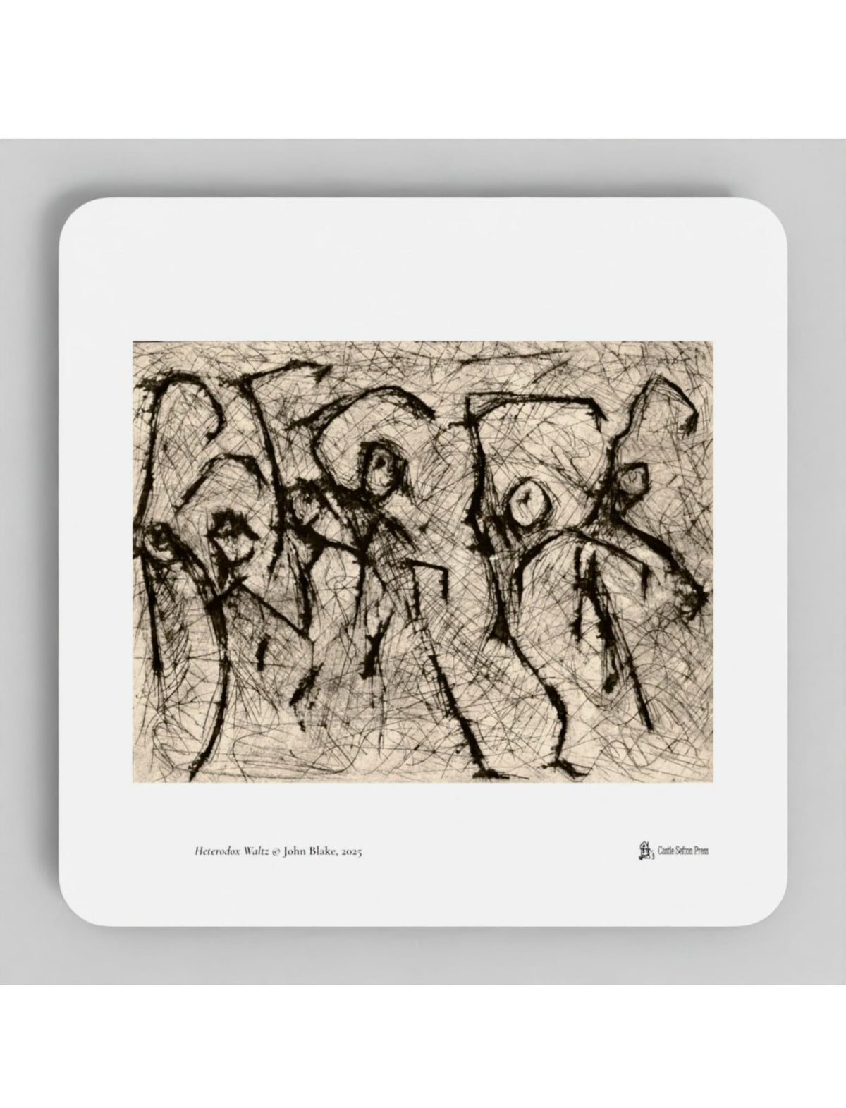 Heterodox Waltz coasters showing a print by John Blake
