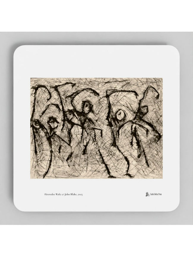 Heterodox Waltz coasters showing a print by John Blake