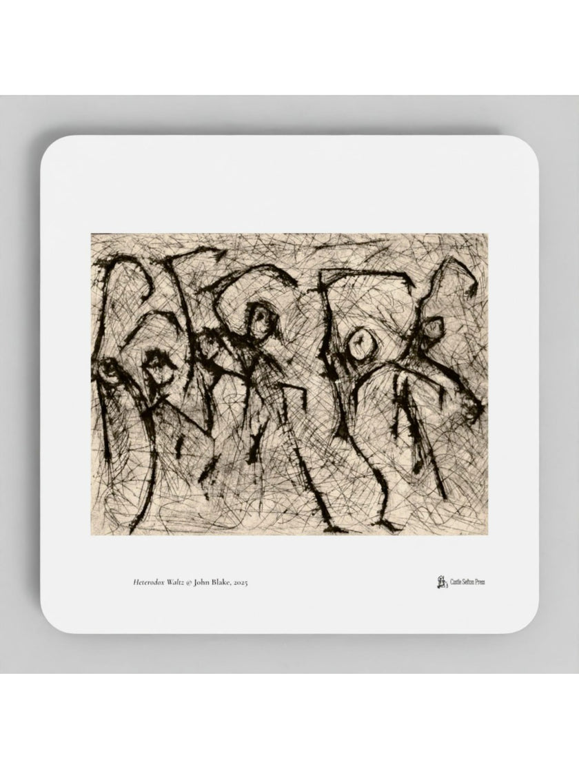 Heterodox Waltz coasters showing a print by John Blake