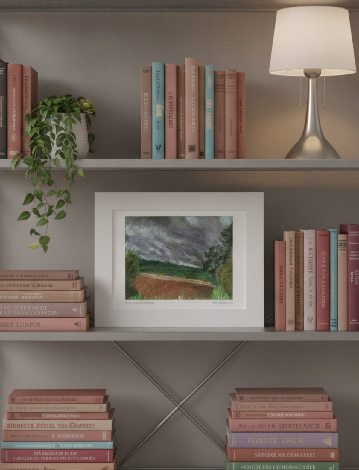 Summer Storm Near Witley Court Mounted Art Print on bookshelves with plant and lamp