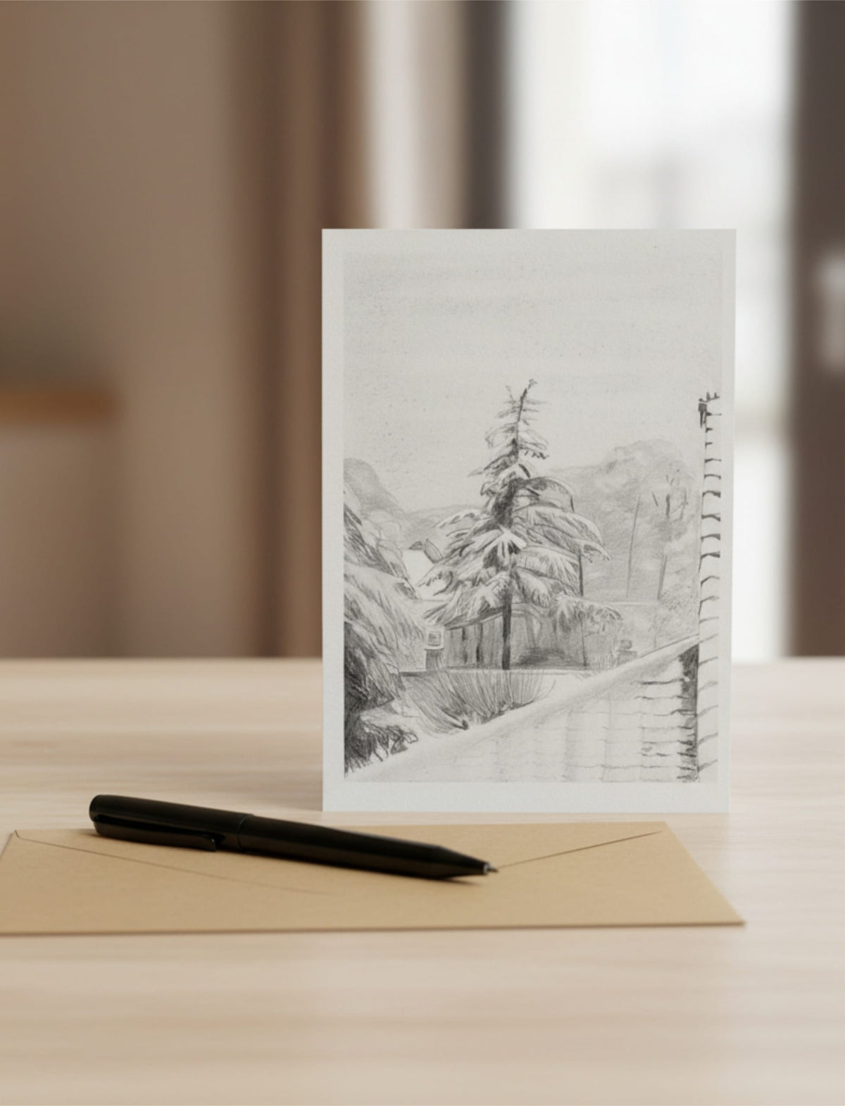 Snowy Fir Tree Greetings card with envelope and pen