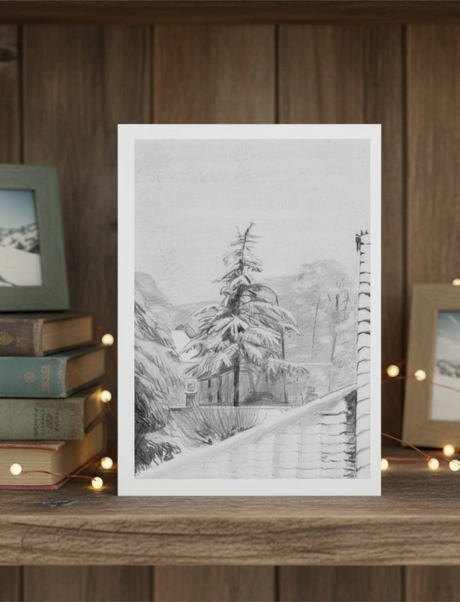 Snowy Fir Tree Greetings card on a shelf with books, skiing photos and fairy lights