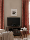 Edith the cat mounted art print on the wall above a television next to an armchair with a cat asleep on a stool