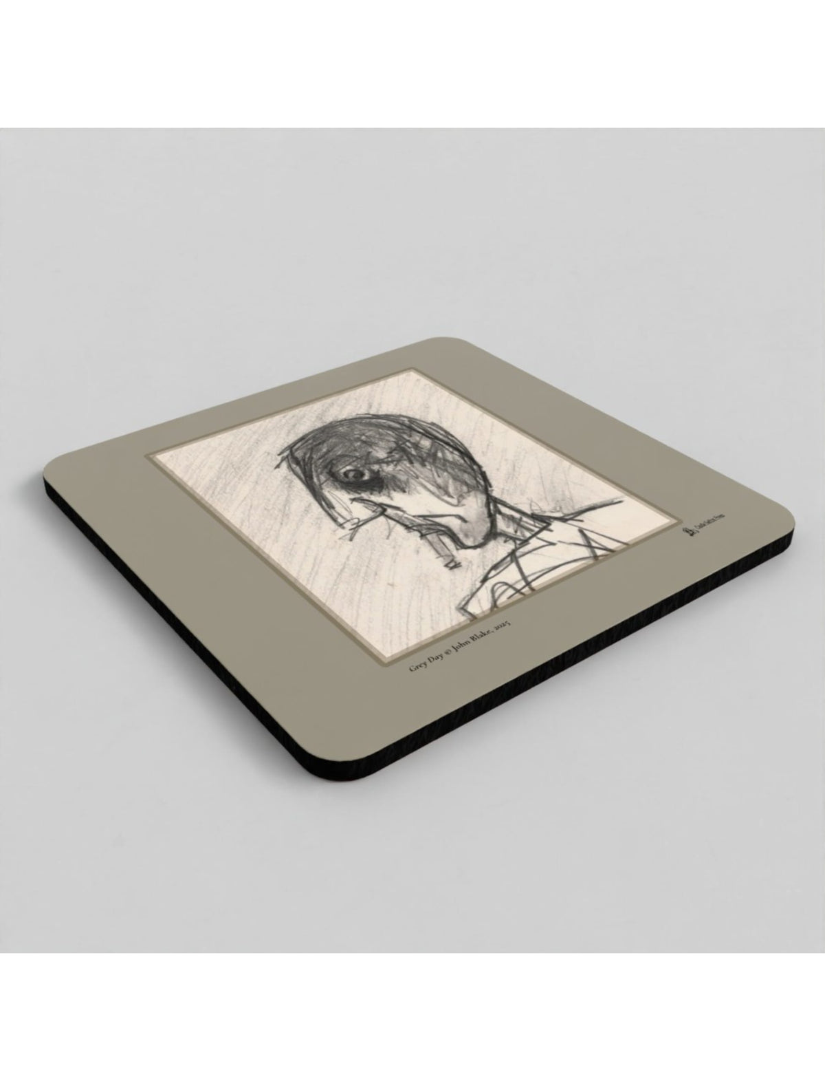 Grey Day coasters showing a drawing by John Blake