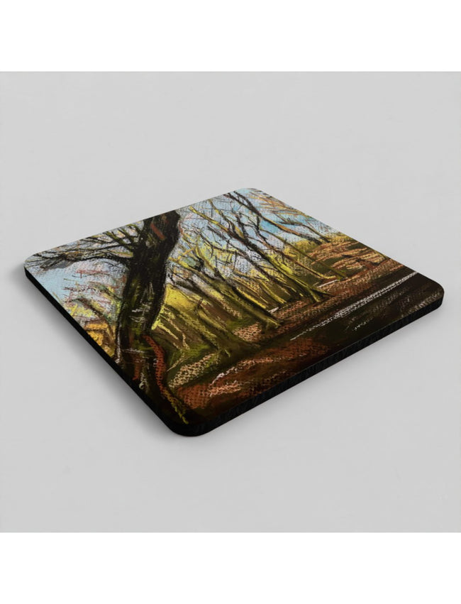 Winter Woodland Coaster showig a pastel drawing by Emily Tellwright