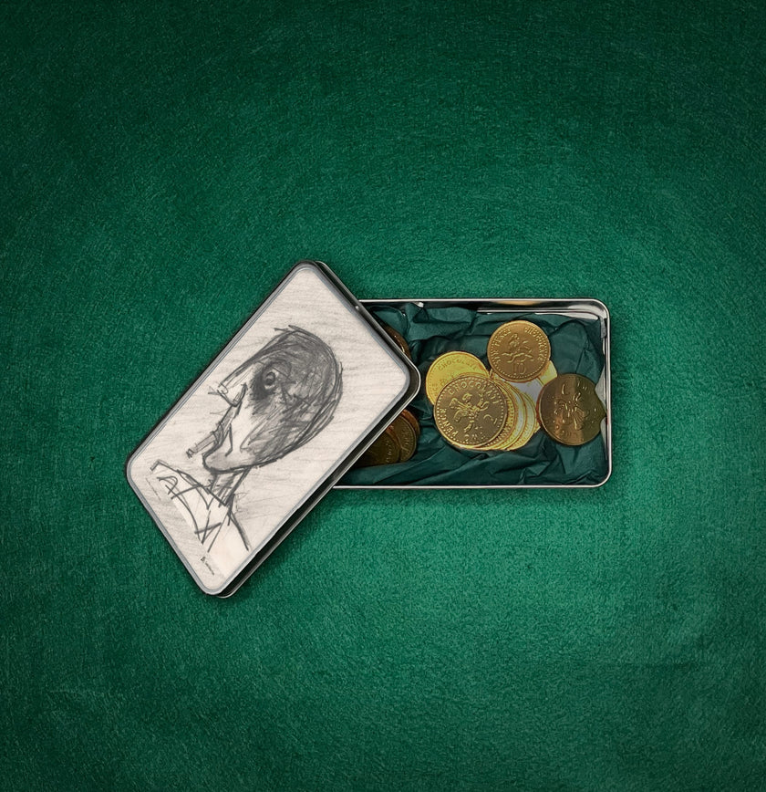 Grey Day Storage tin filled with gold chocolate coins