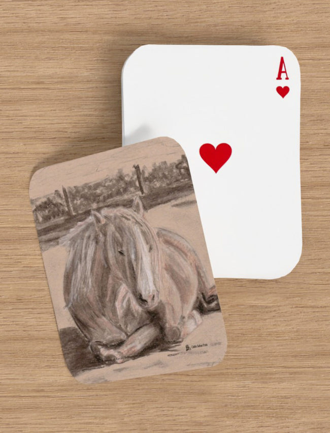 Goldie the Palomino playing cards showing a charcoal drawing by emily TEllwright