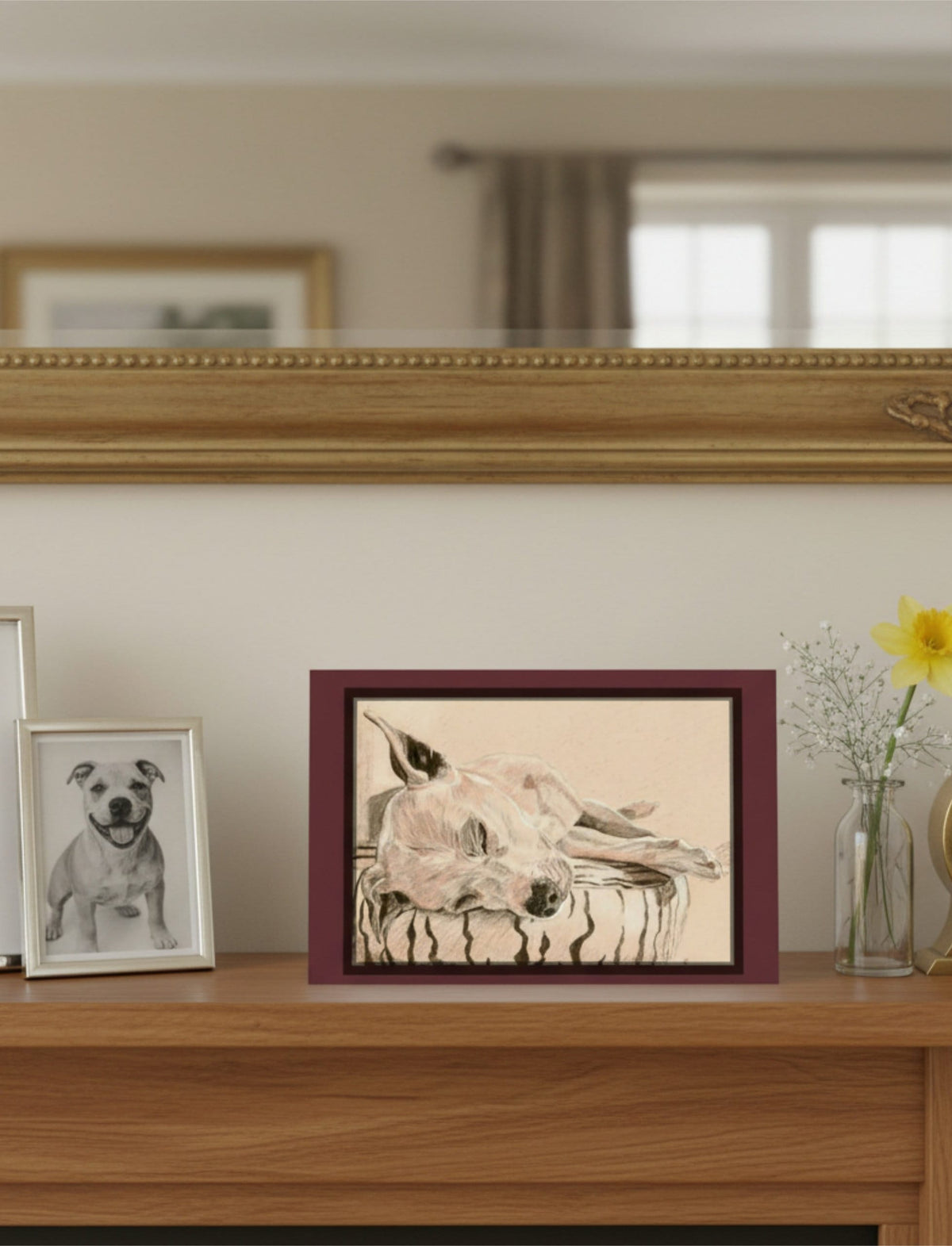 Chance the Staffordshire Bull Terrier Greetings Card on a mantelpiece with dog photos and flowers