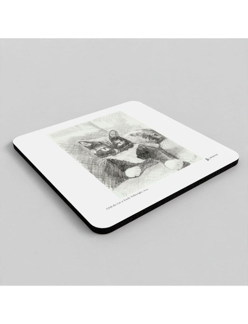 Edith the Cat coasters showing a drawing by Emily Tellwright