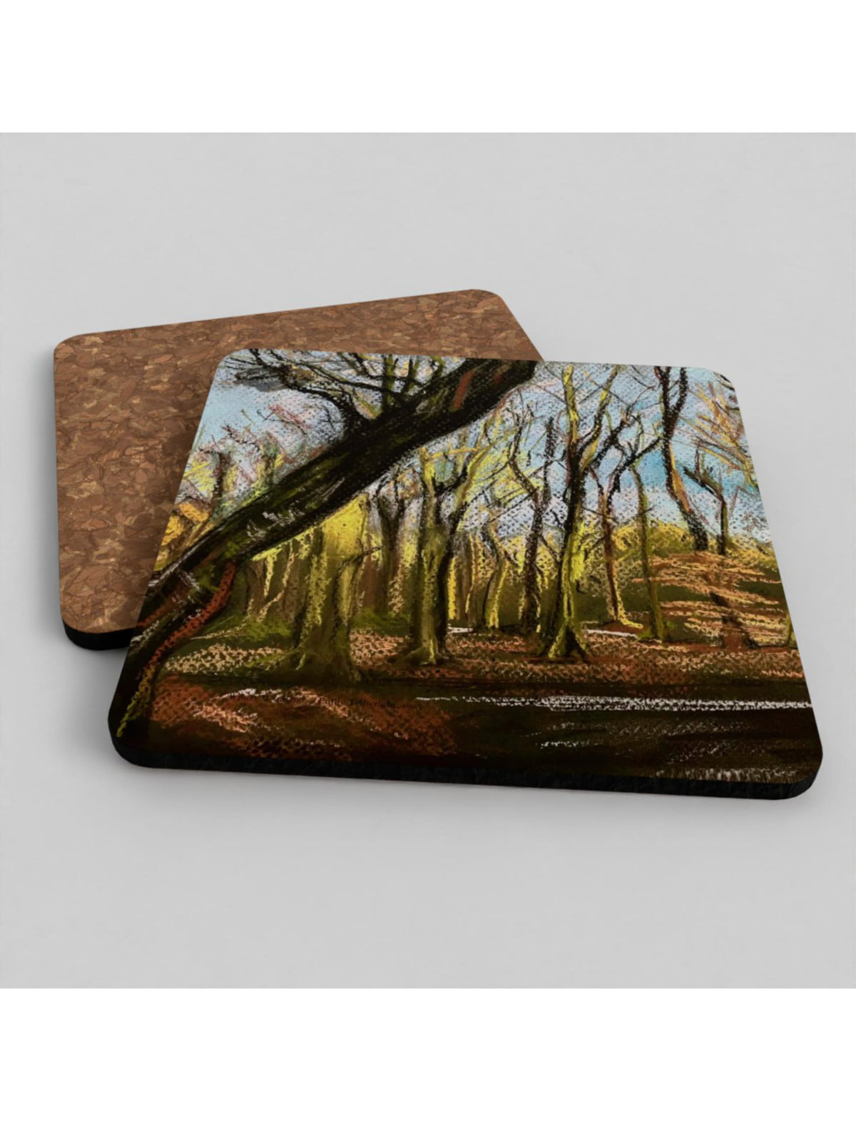 Winter Woodland Coaster showig a pastel drawing by Emily Tellwright