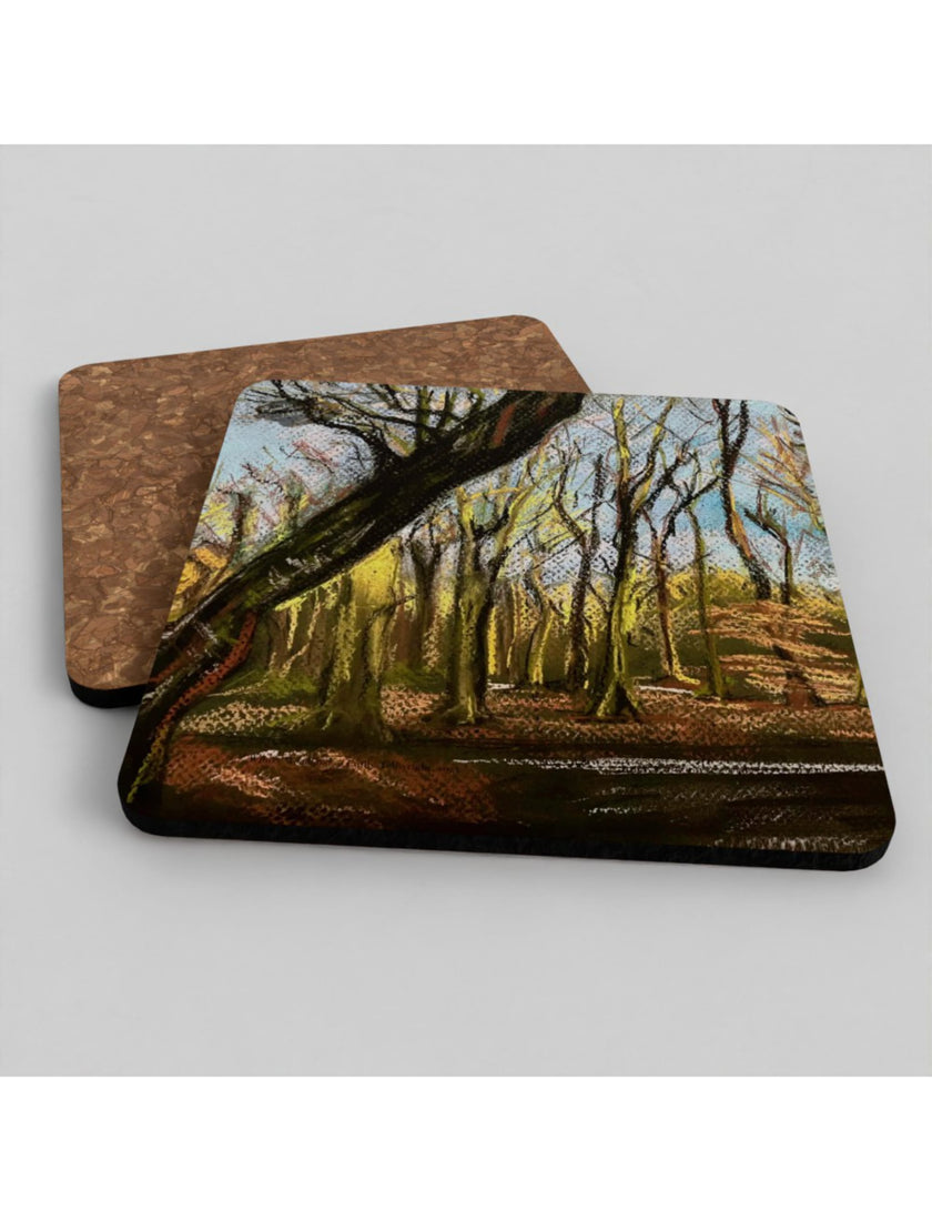Winter Woodland Coaster showig a pastel drawing by Emily Tellwright