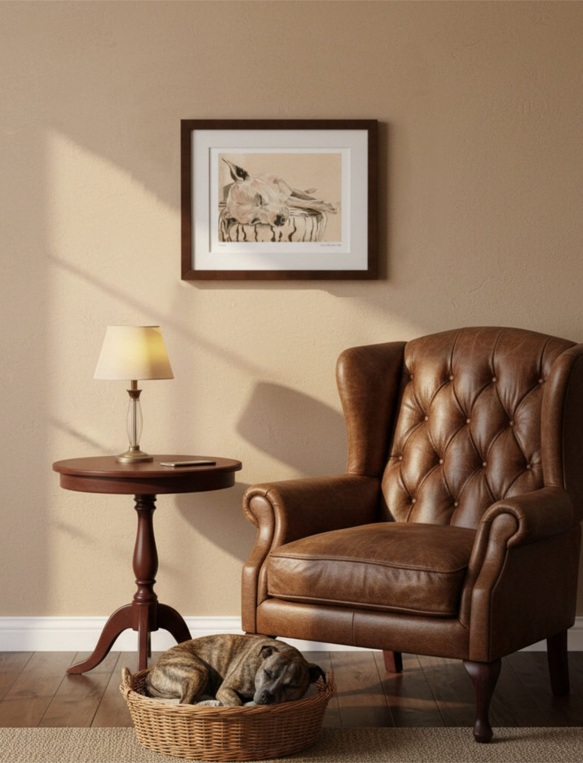 Chance the Staffordshire Bull Terrier Framed Art Print with table and lamp, armchair and dog in basket