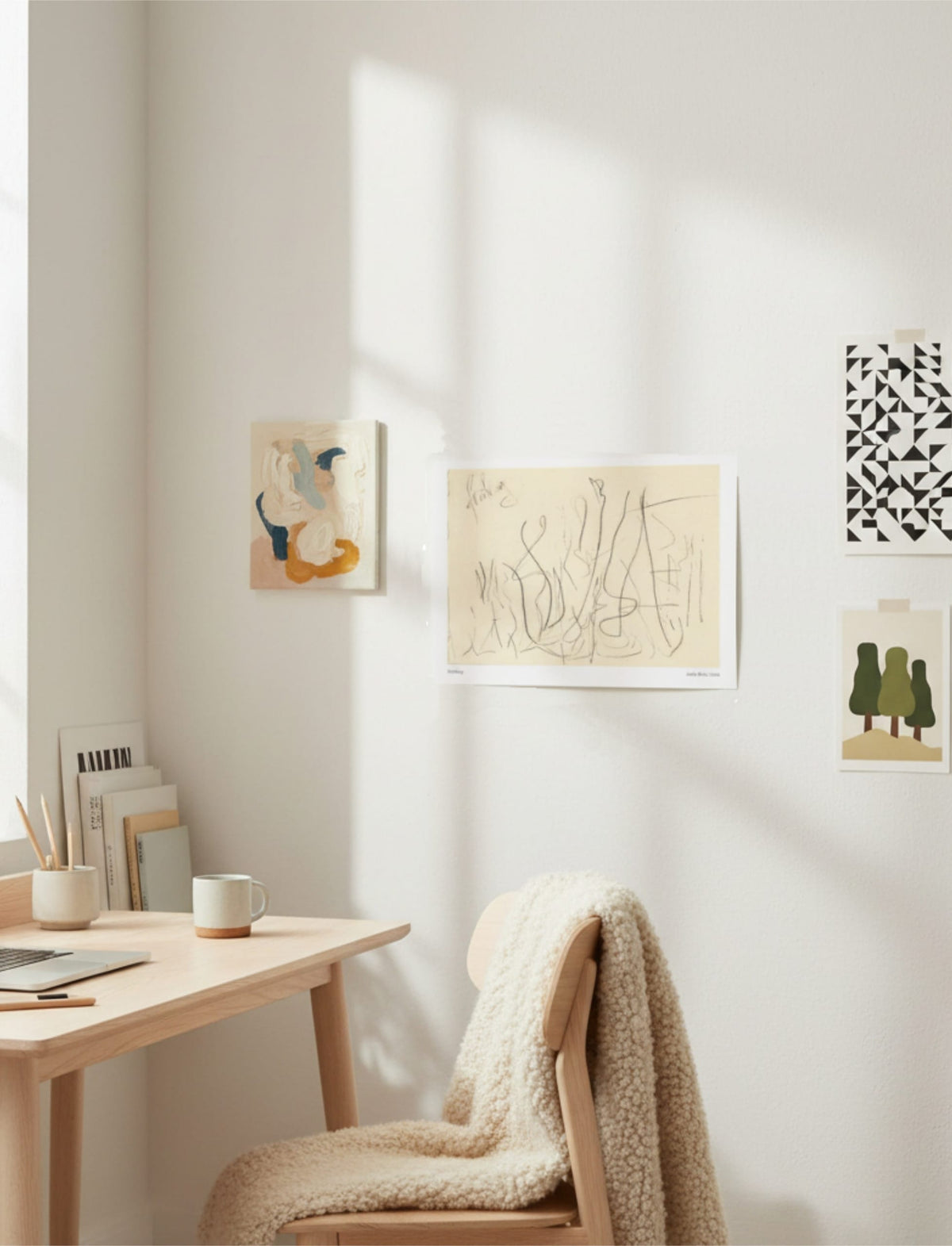 Frühling Abstract Art Print on wall with other abstract art above a desk and chair