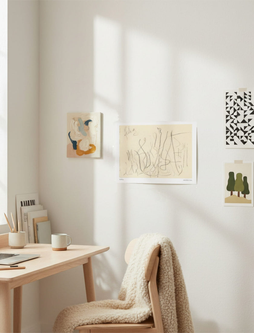 Frühling Abstract Art Print on wall with other abstract art above a desk and chair