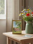 View from St Marys Kempley greetings Card next to a green jug with flowers
