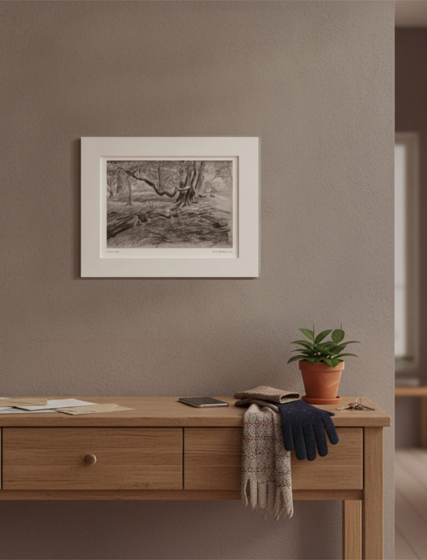 Turner's View Mounted Art Print on a wall above a hall table with letters, keys, gloves and scarves