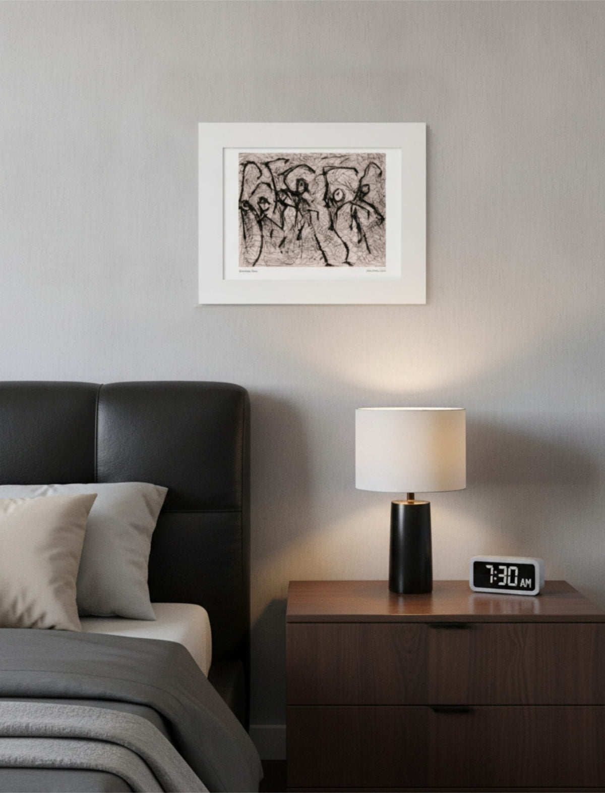 Heterodox Waltz mounted art print above a bed and bedside table