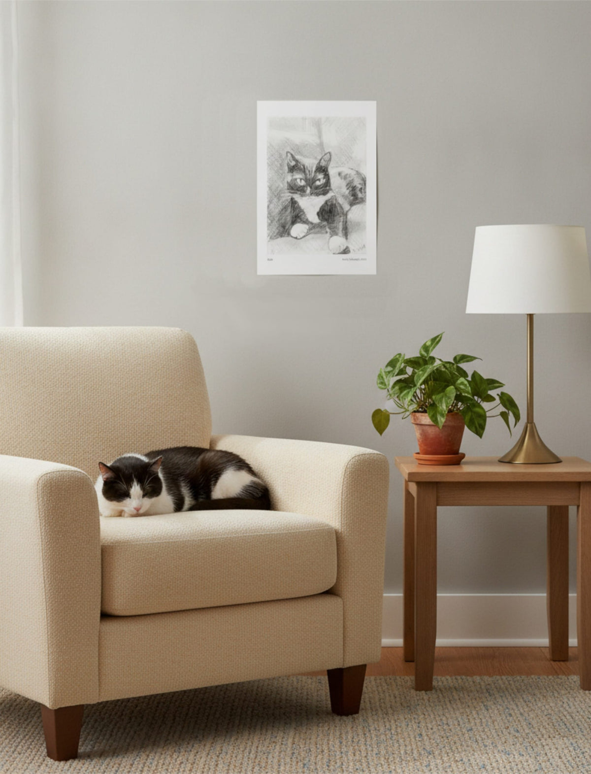 Edith the Cat Art Print on a wall above an armchair with a sleeping cat and sidetable with plant and lamp
