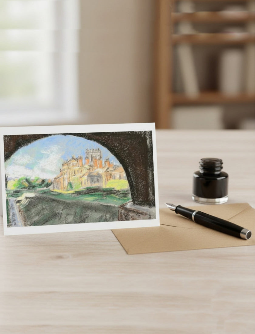 Biddulph Grange Garden Greetings Card a pastel drawing by Emily Tellwright on a table with fountain pen and ink