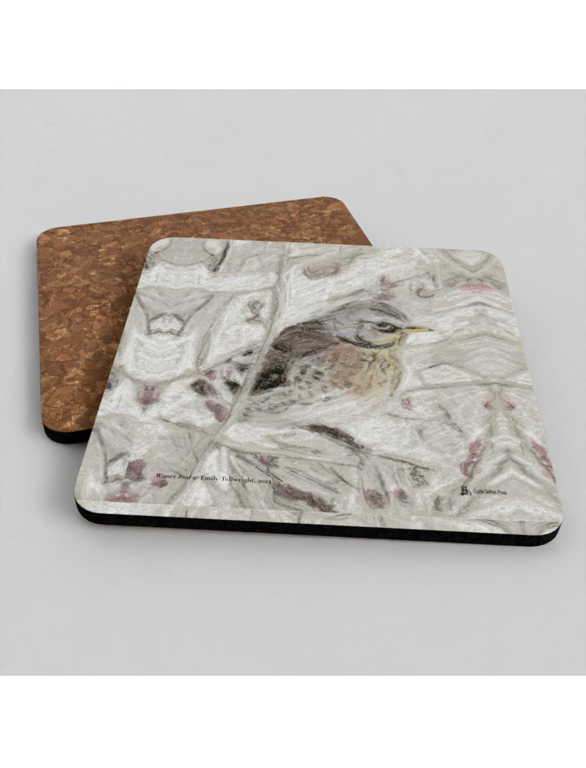 Winter Bird Coasters showing a pencil drawing by Emily Tellwright