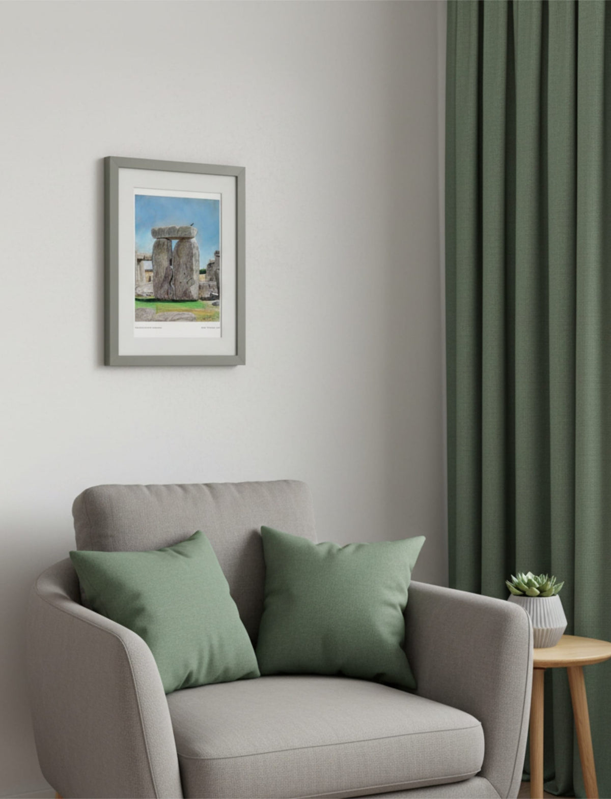 Sunny Summer at Stonehenge Framed Art Print with a grey easy chair and green cushions and curtains
