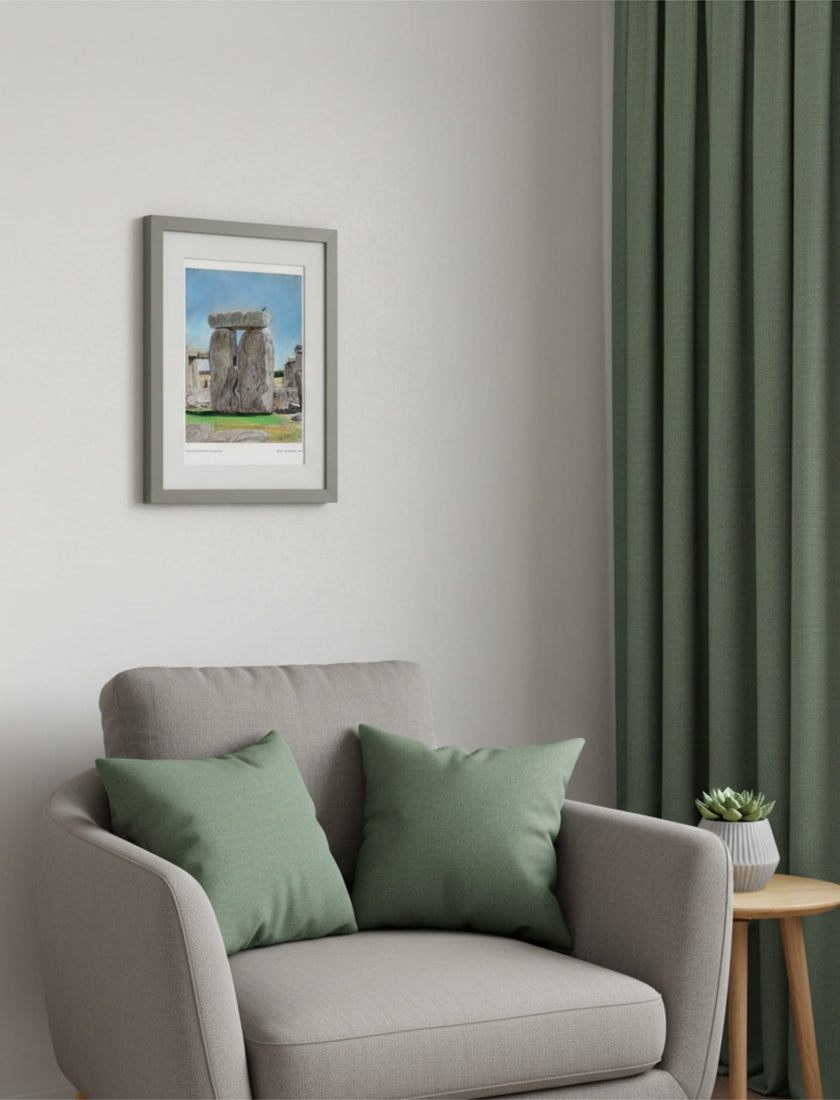 Sunny Summer at Stonehenge Framed Art Print with a grey easy chair and green cushions and curtains