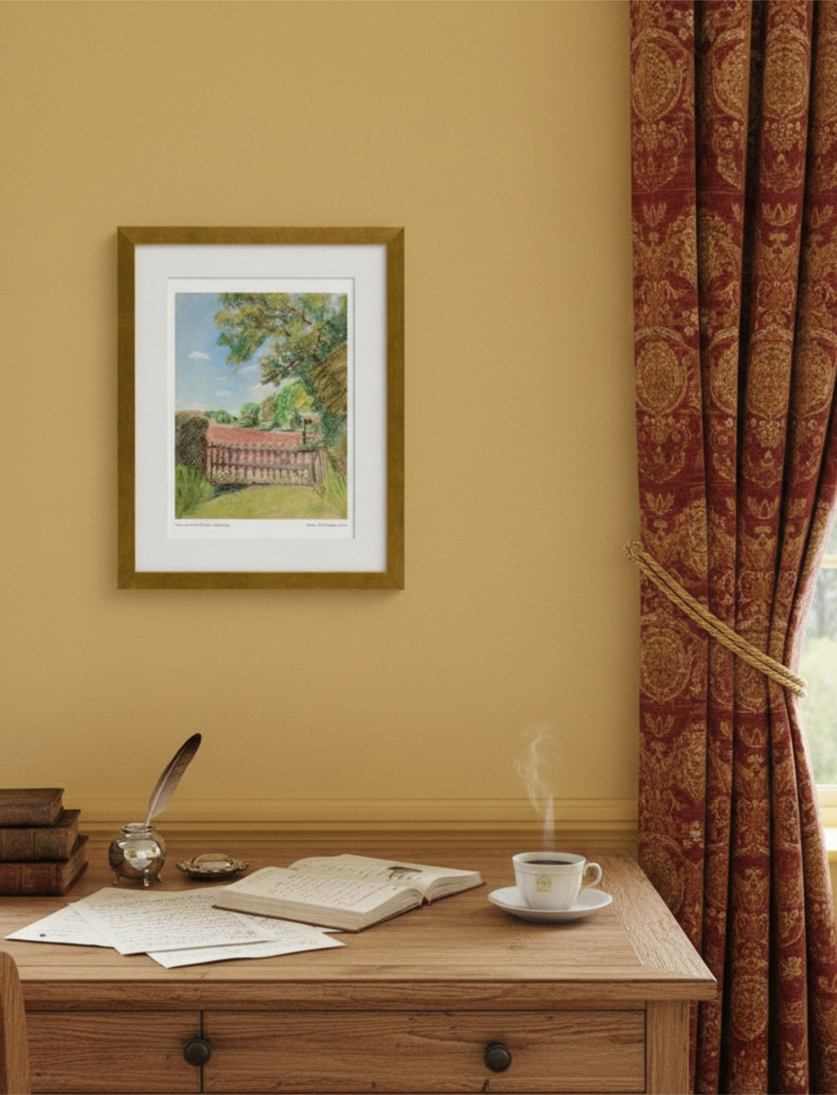 the view from St Mary's Kempley Framed Art Print above a desk with red curtains