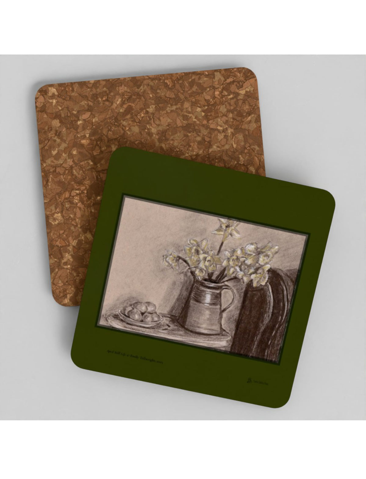 April Still Life coasters showing a charcoal drawing by Emily Tellwright