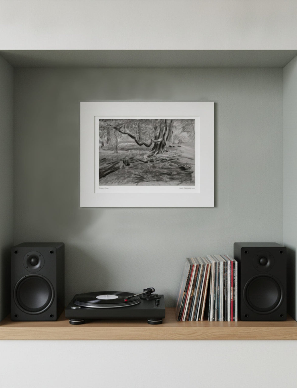 Turner's View Mounted Art Print on a wall above a shelf with speakers, turntable and 7