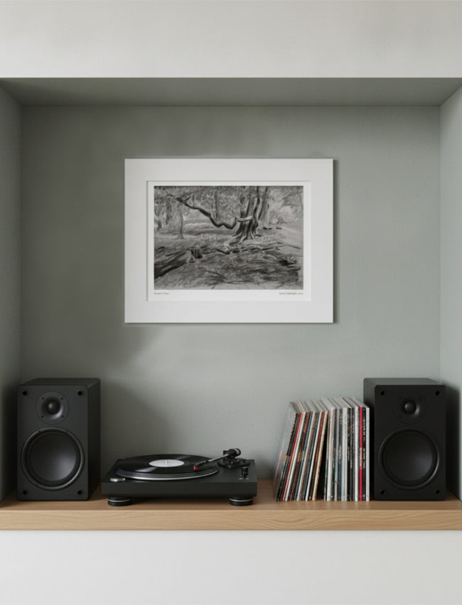 Turner's View Mounted Art Print on a wall above a shelf with speakers, turntable and 7