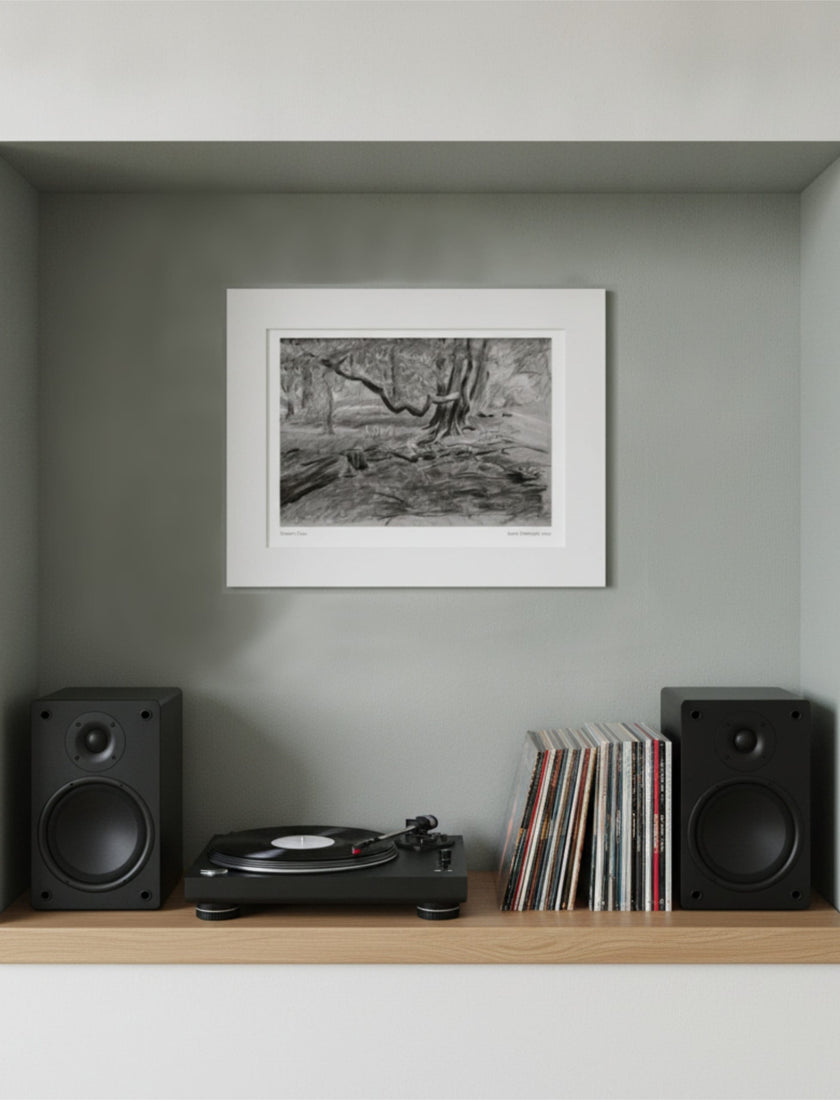 Turner's View Mounted Art Print on a wall above a shelf with speakers, turntable and 7