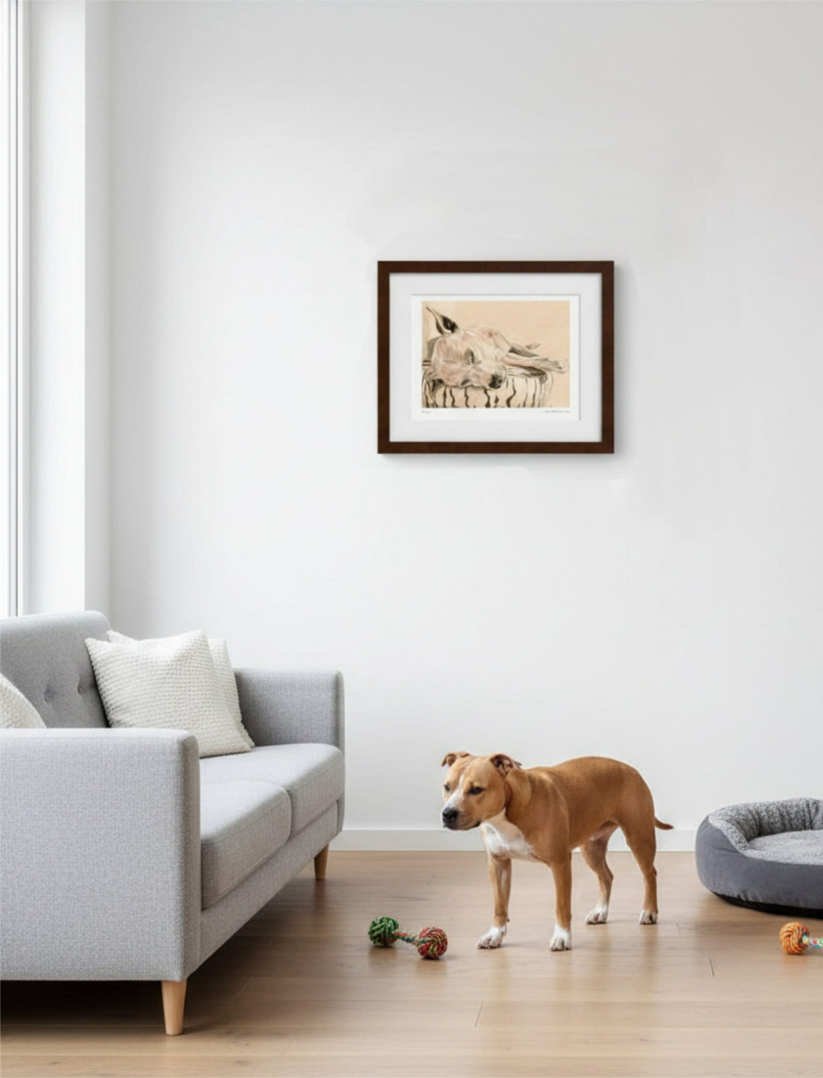 Chance the Staffordshire Bull Terrier Framed Art Print with grey sofa, dog bed and a dog