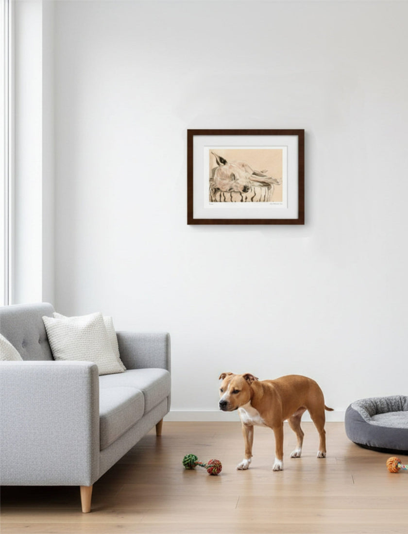 Chance the Staffordshire Bull Terrier Framed Art Print with grey sofa, dog bed and a dog