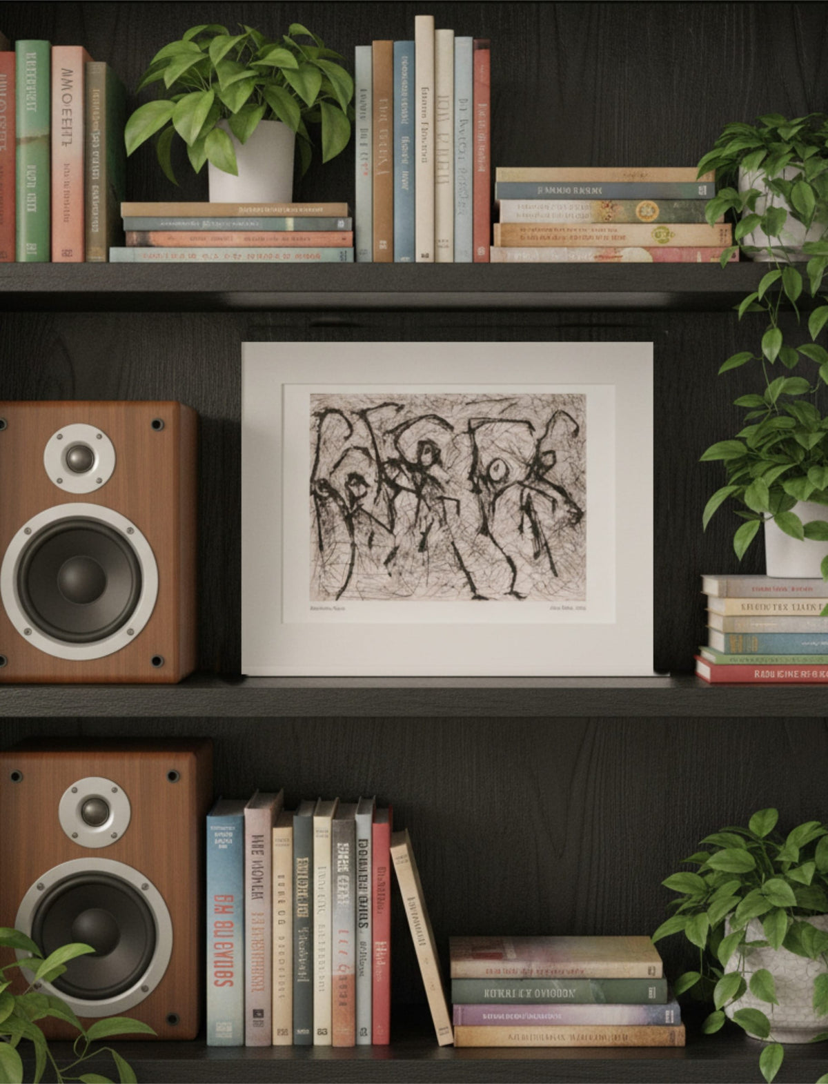 Heterodox Waltz mounted art print on a bookcase with books, plants and speakers
